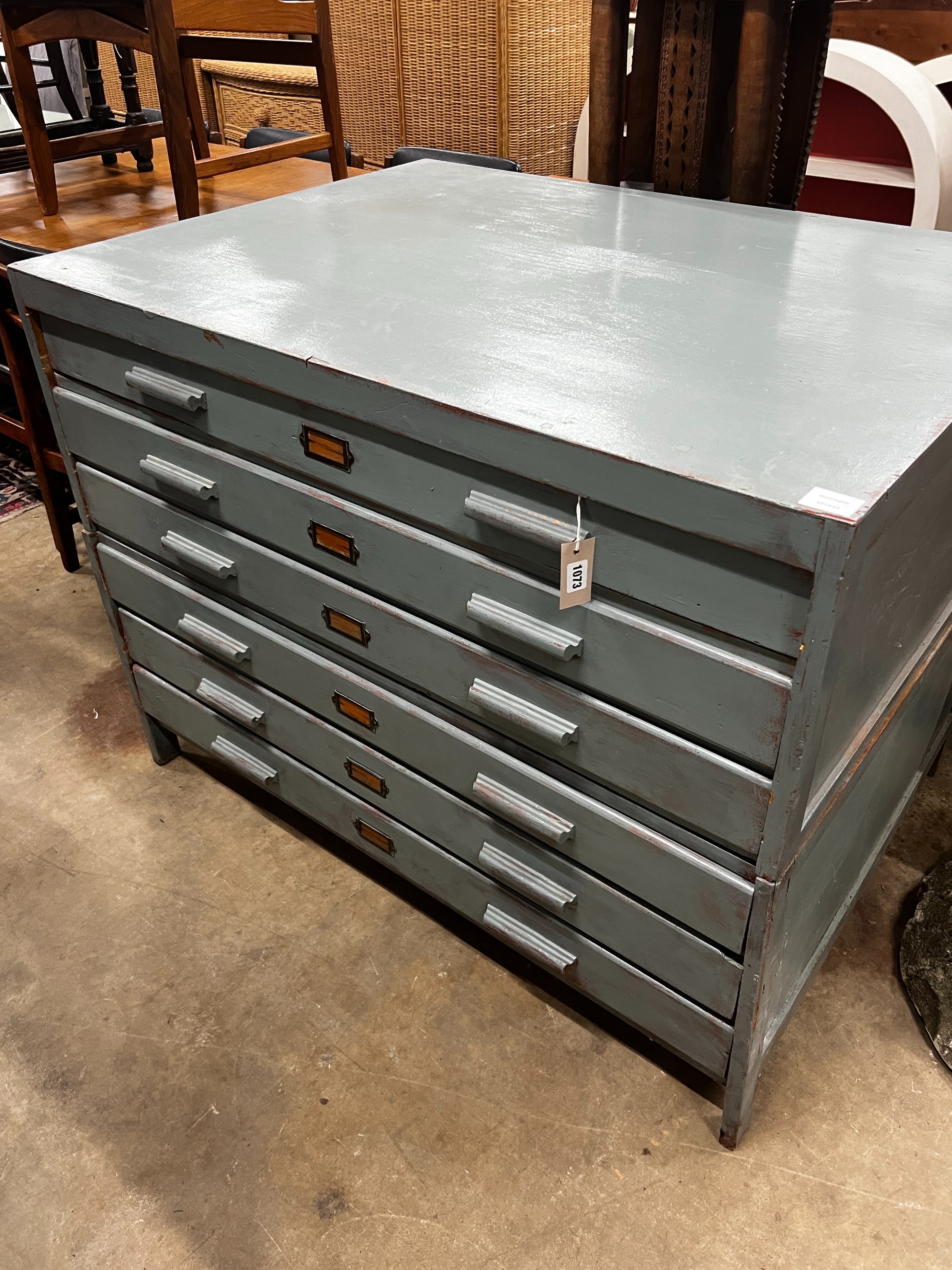 A mid century painted six drawer plan chest, width 117cm, depth 86cm, height 89cm